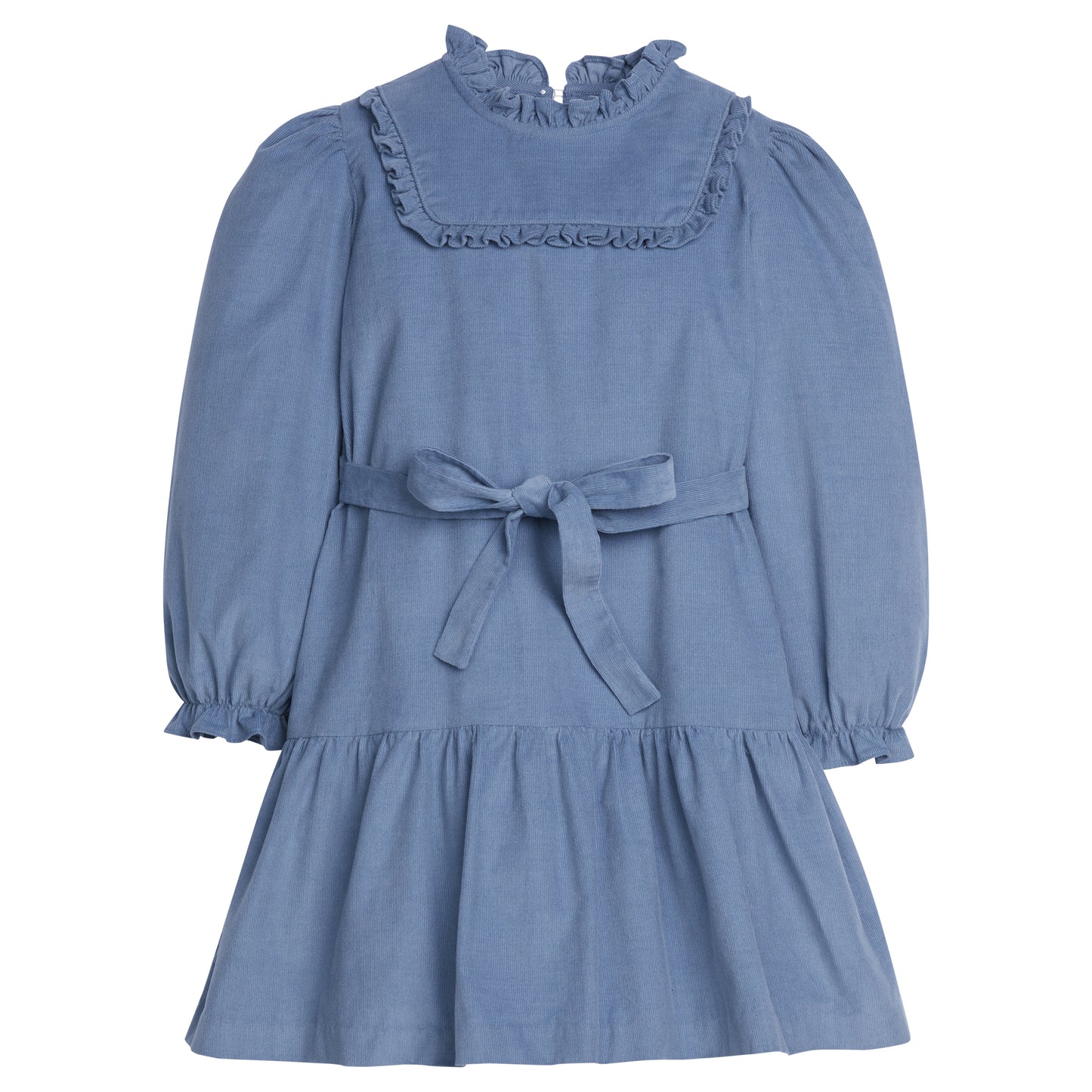 Blue corduroy dress with ruffled collar and tie waist on a white background