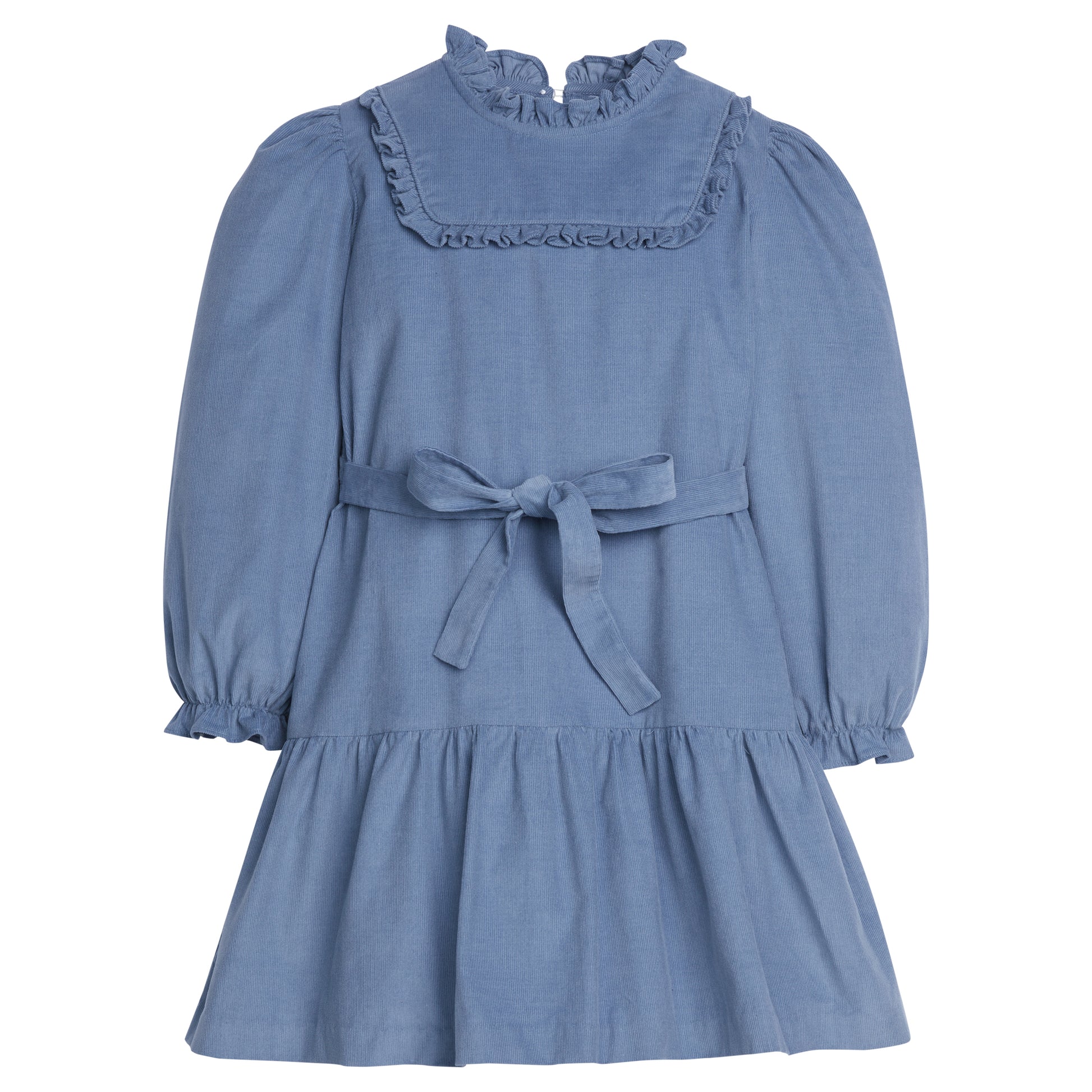 Blue corduroy dress with ruffled collar and tie waist on a white background