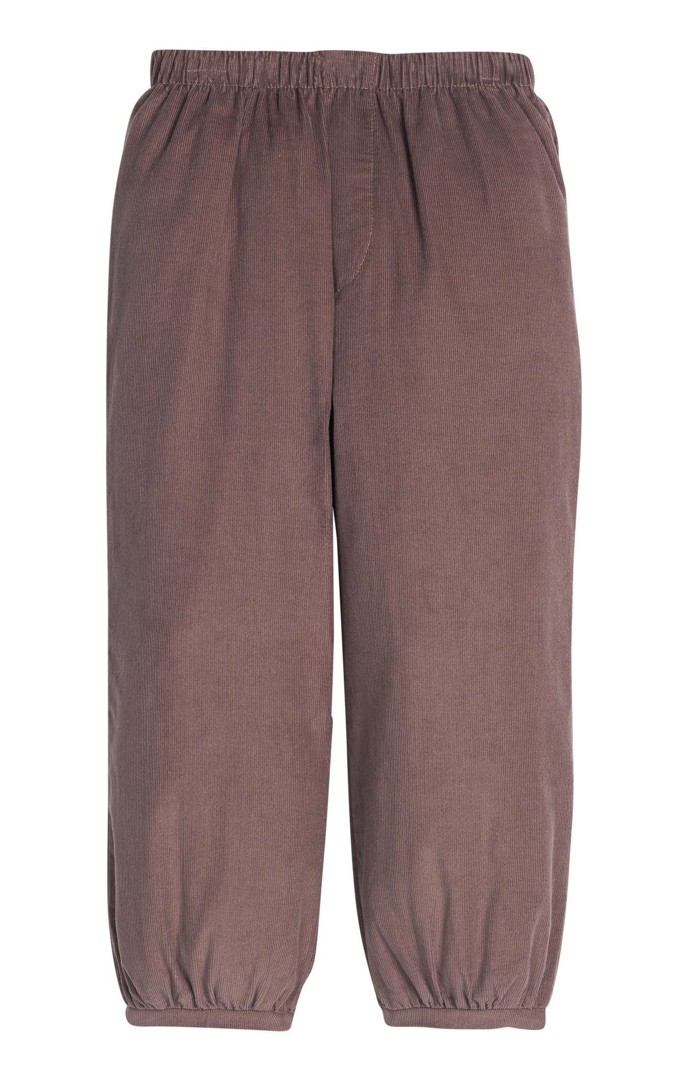 A pair of wide-leg corduroy pants in a dusty mauve-brown color, featuring an elastic waistband and elastic cuffs, shown against a plain white background.