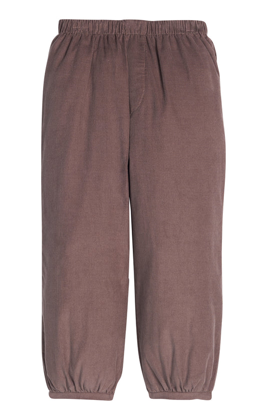 A pair of wide-leg corduroy pants in a dusty mauve-brown color, featuring an elastic waistband and elastic cuffs, shown against a plain white background.