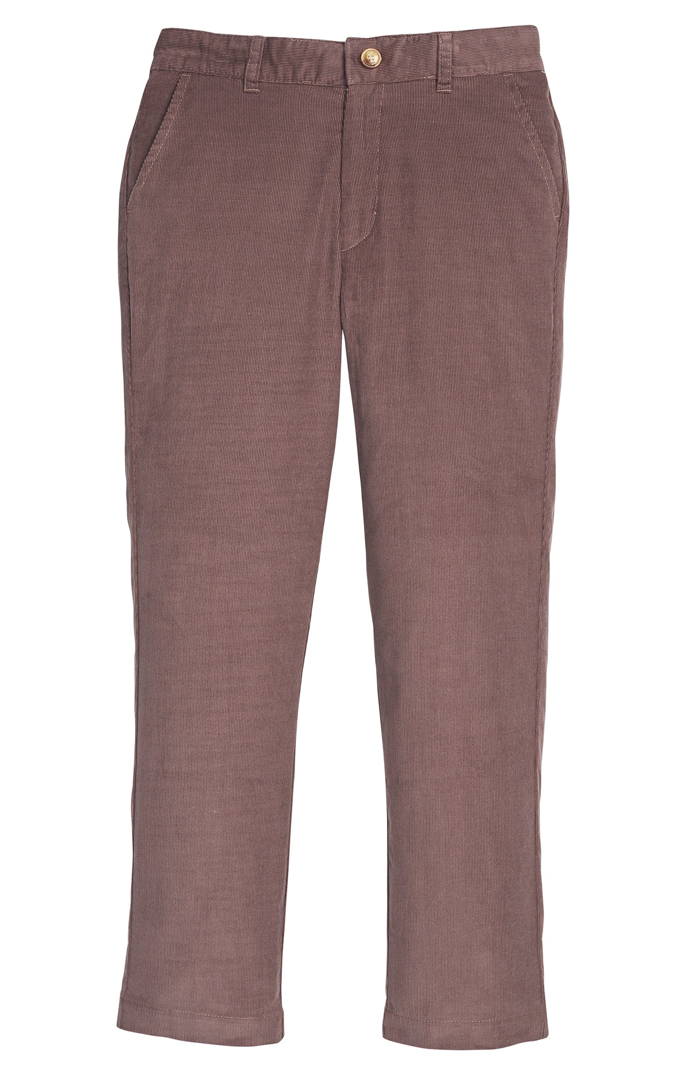 A pair of boys straight-leg pants brown corduroy fabric, shown flat against a solid white background.