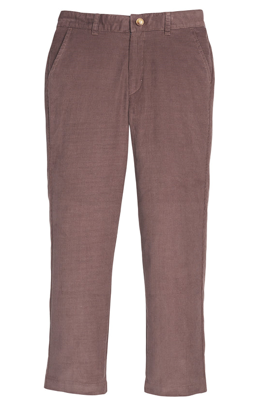 A pair of boys straight-leg pants brown corduroy fabric, shown flat against a solid white background.