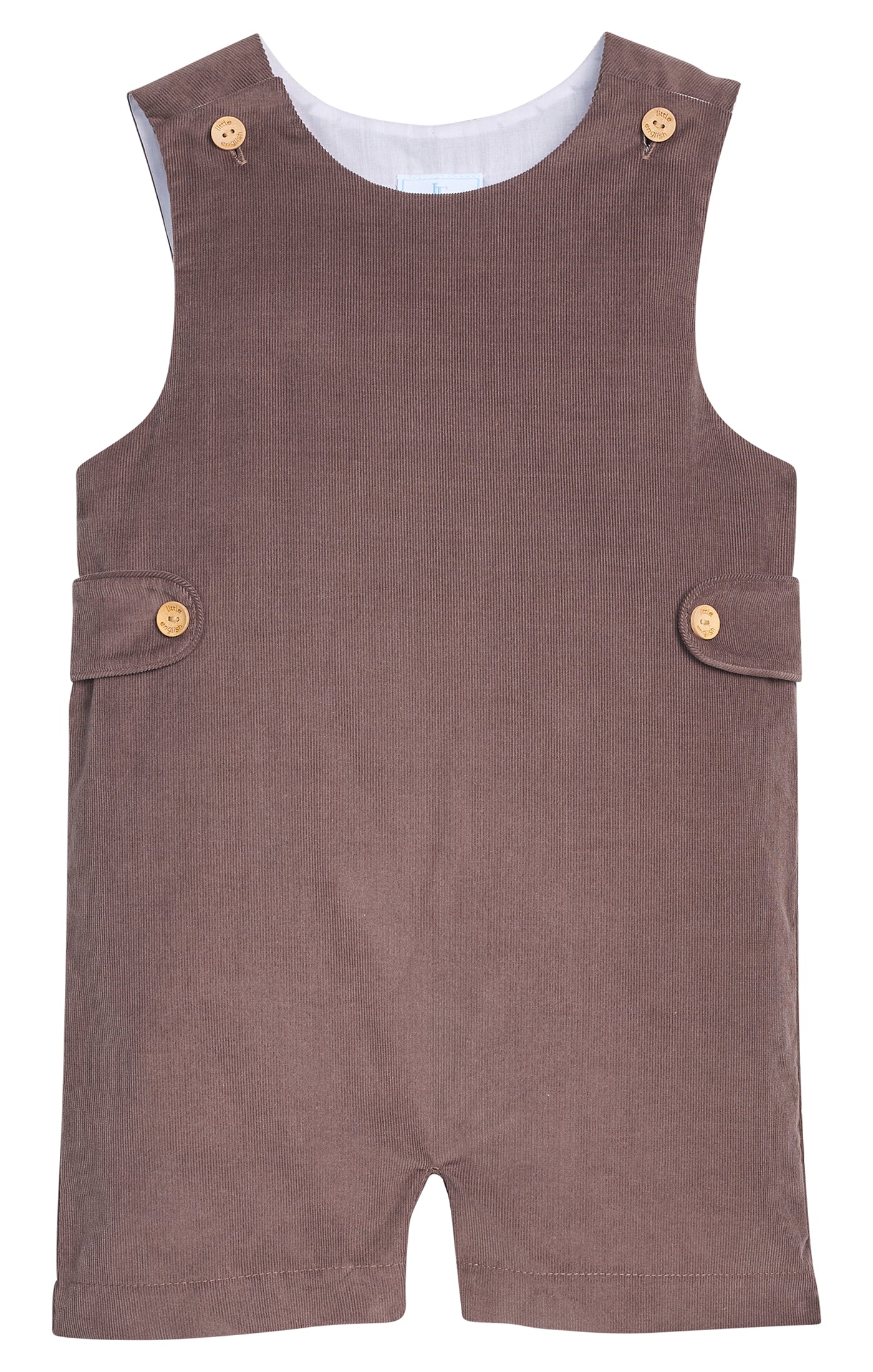 Brown corduroy romper with button details on a white background