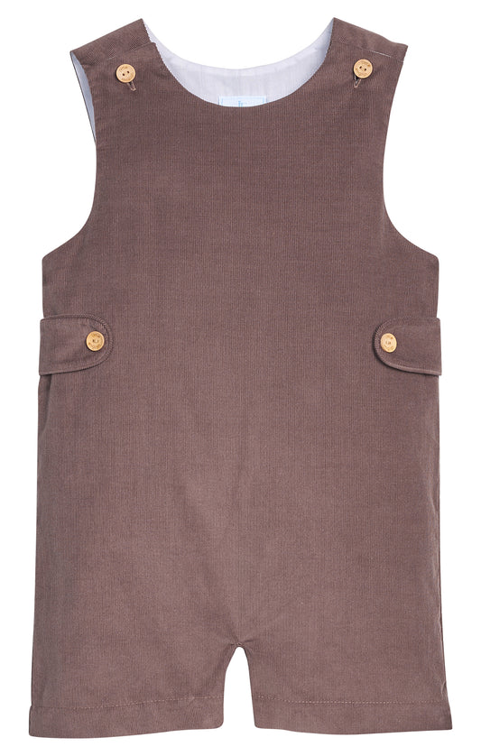 Brown corduroy romper with button details on a white background