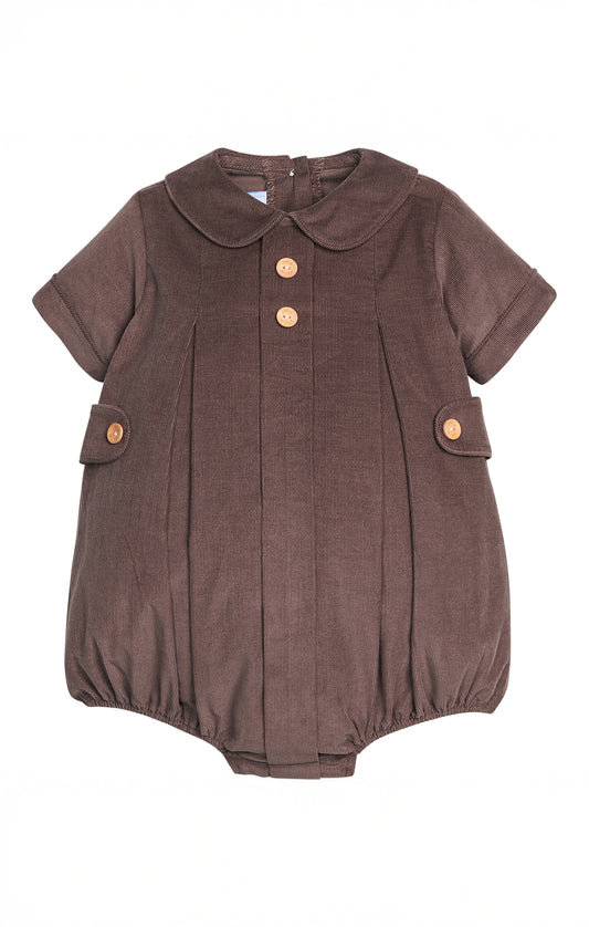 A short-sleeve baby romper in a dark brown color, featuring a buttoned front and decorative buttons on the sides, shown against a plain white background.