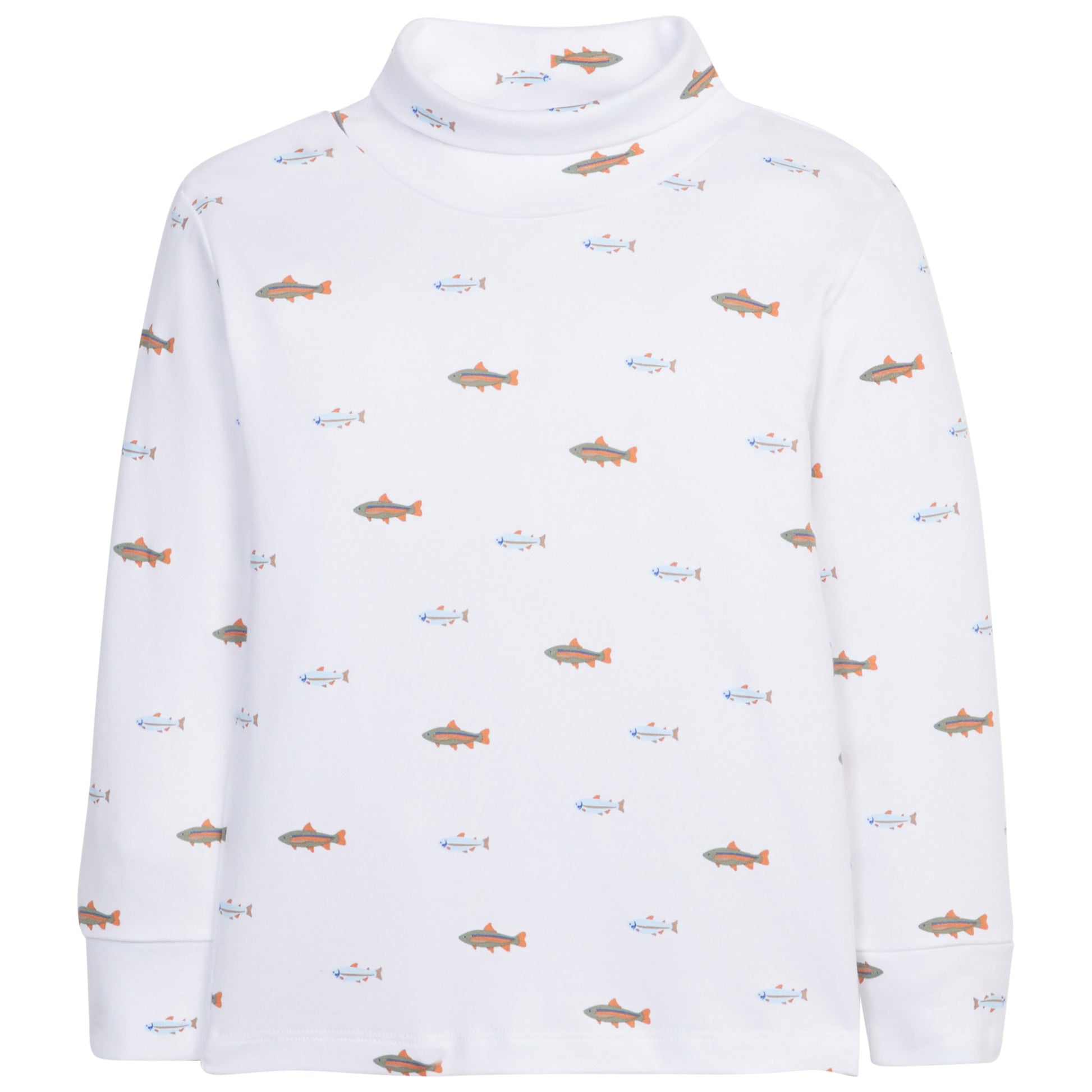 White turtleneck sweater with fish pattern on a white background