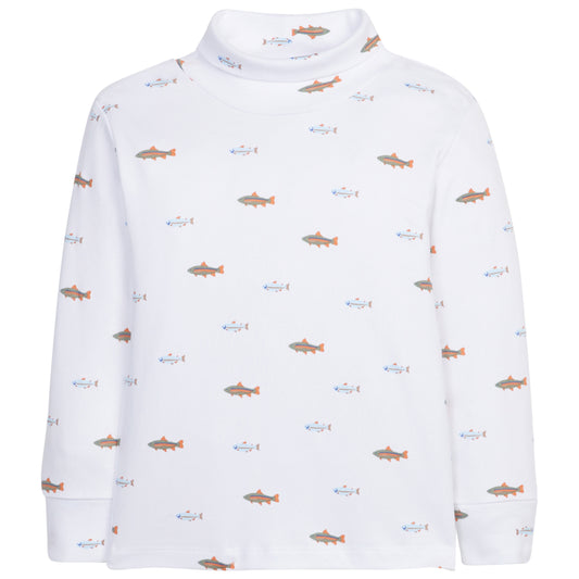 White turtleneck sweater with fish pattern on a white background