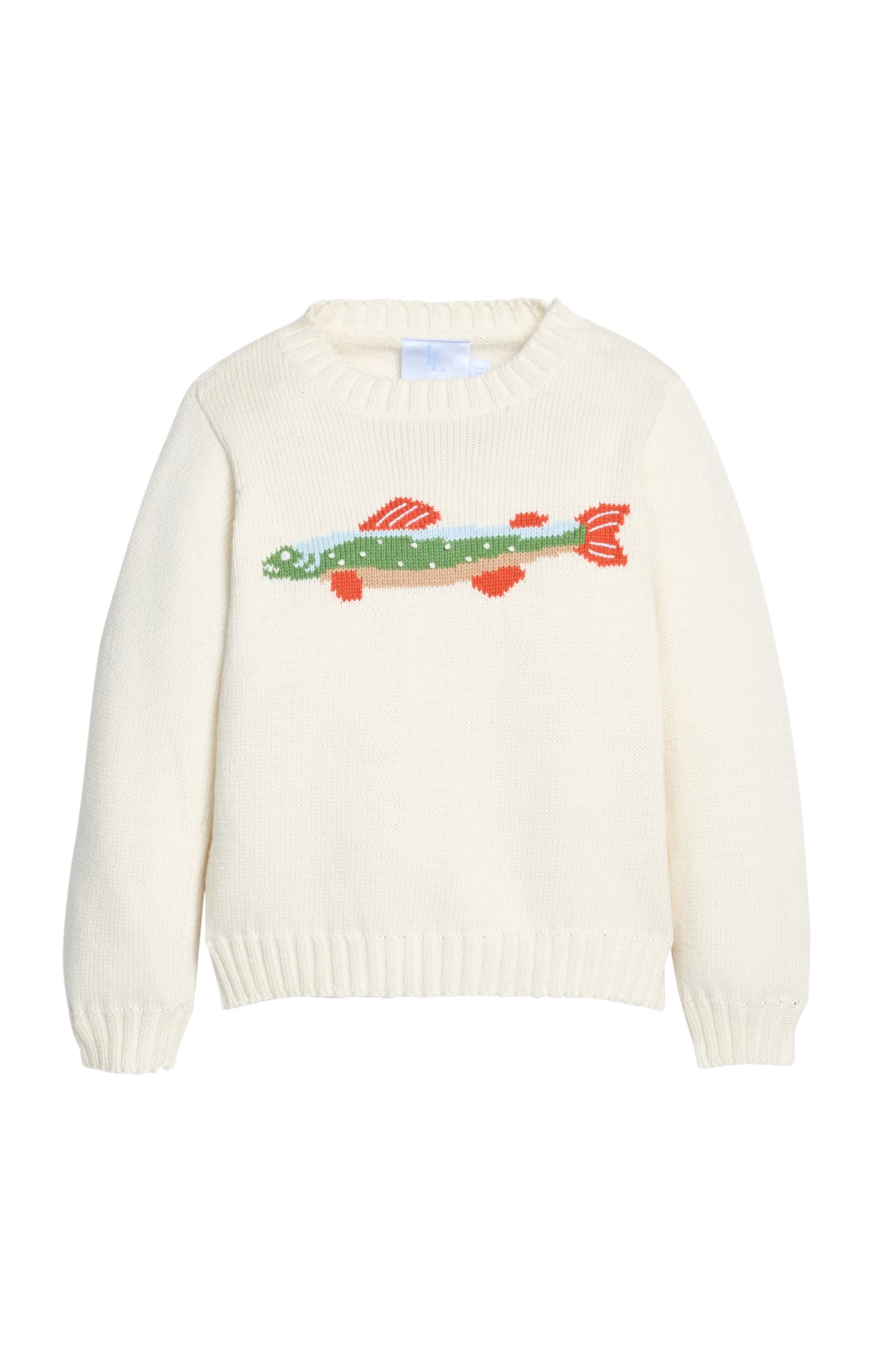 An off-white knit sweater featuring a colorful embroidered fish motif on the chest, displayed against a solid white background.