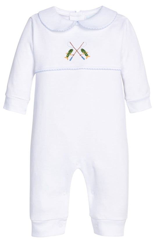 White baby romper with embroidered fishing rod design on a white background