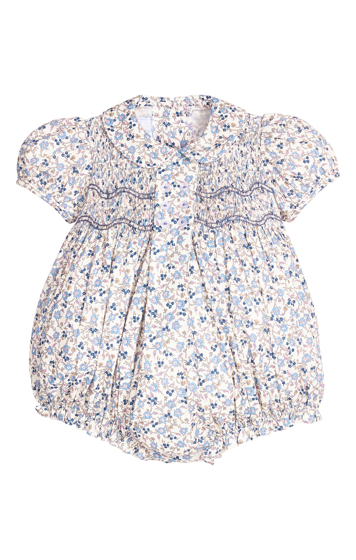 Floral smocked baby romper on a white background