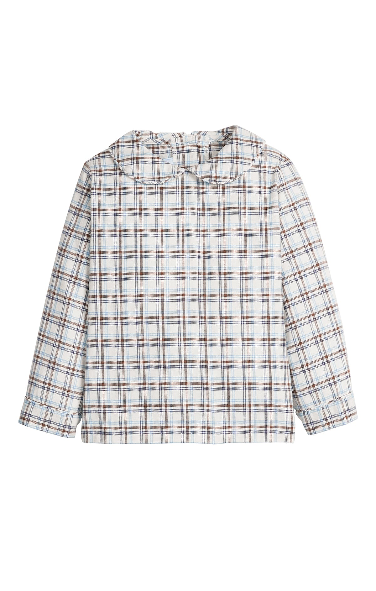 A long-sleeve children's shirt with a white base and a brown and blue plaid pattern, featuring a Peter Pan collar and buttoned cuffs.