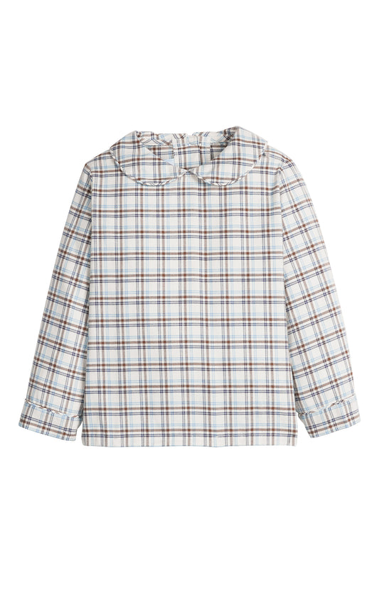 A long-sleeve children's shirt with a white base and a brown and blue plaid pattern, featuring a Peter Pan collar and buttoned cuffs.
