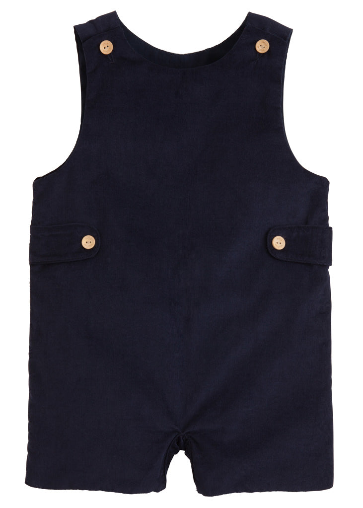 Navy blue corduroy romper with button details on a white background