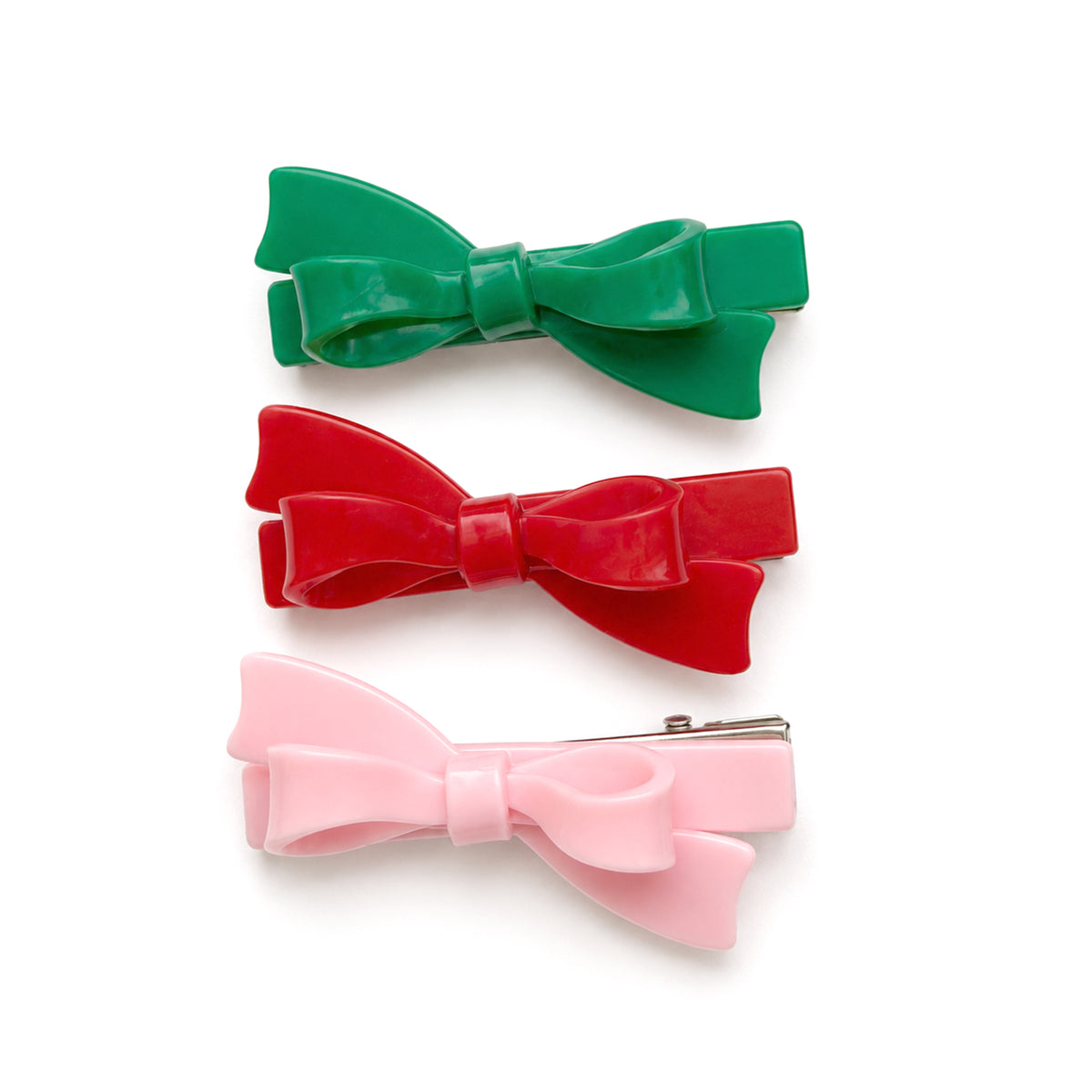 red, green, pink bows