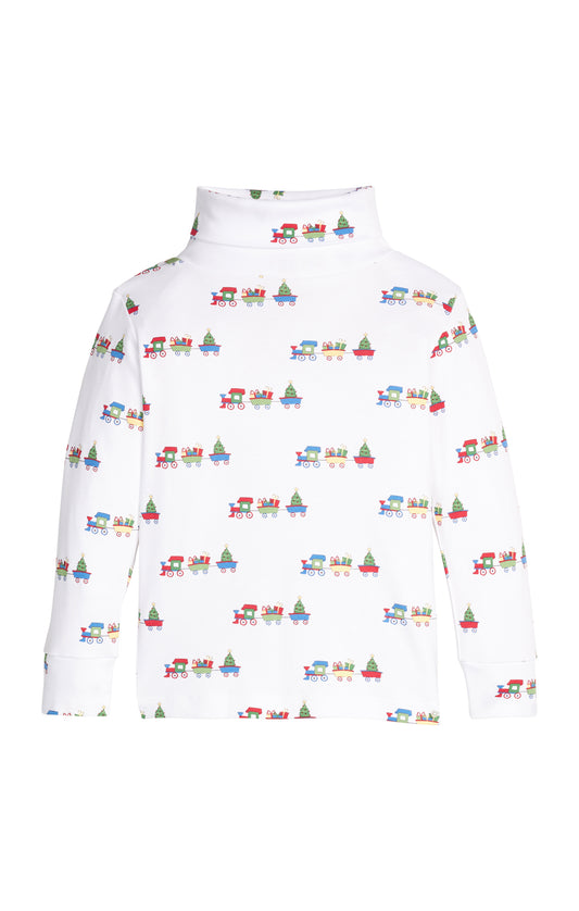 White turtleneck with colorful train pattern on a white background