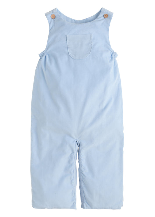 A light blue corduroy baby overall romper with adjustable shoulder straps and a front chest pocket, shown flat on a white background.