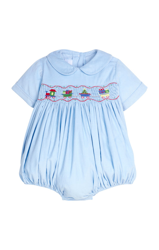 Light blue baby romper with embroidered design on a white background