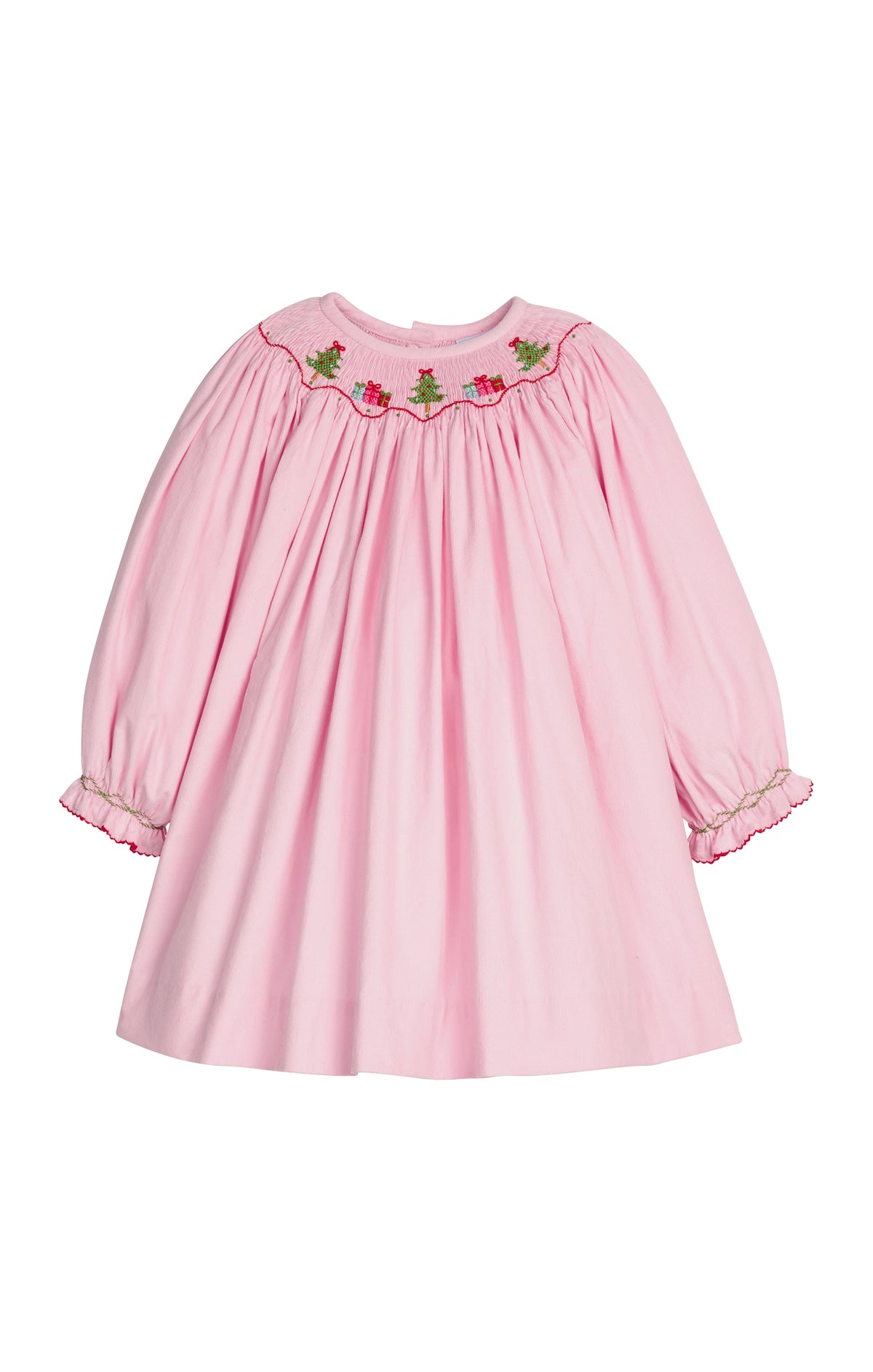 A pink long-sleeve baby dress with a smocked neckline decorated with small green and red embroidered floral details, shown against a plain white background.