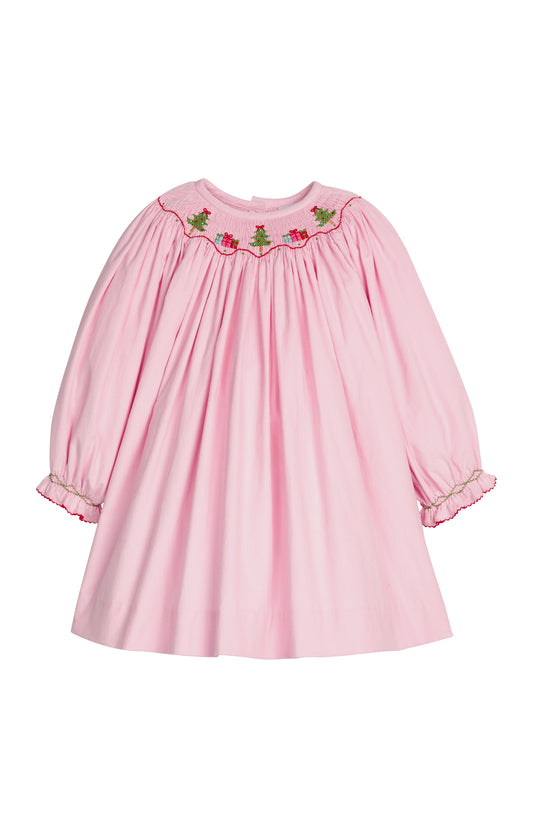 A pink long-sleeve baby dress with a smocked neckline decorated with small green and red embroidered floral details, shown against a plain white background.