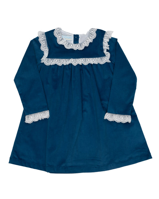 A dark blue long-sleeve blouse with white lace trim at the collar and cuffs, displayed against a plain white background.