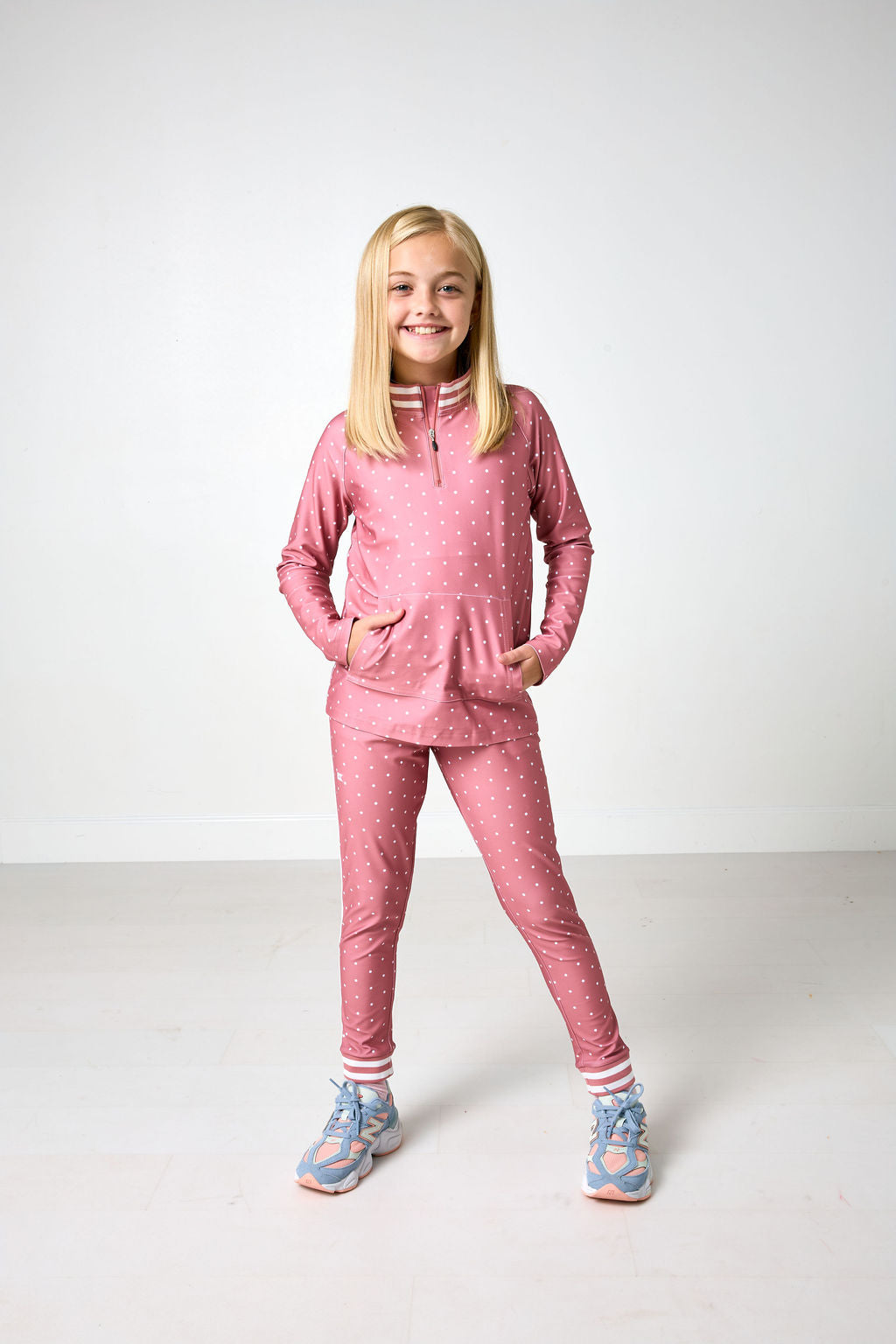 Girls Dusty Pink Polka Dot Retro Half-zip