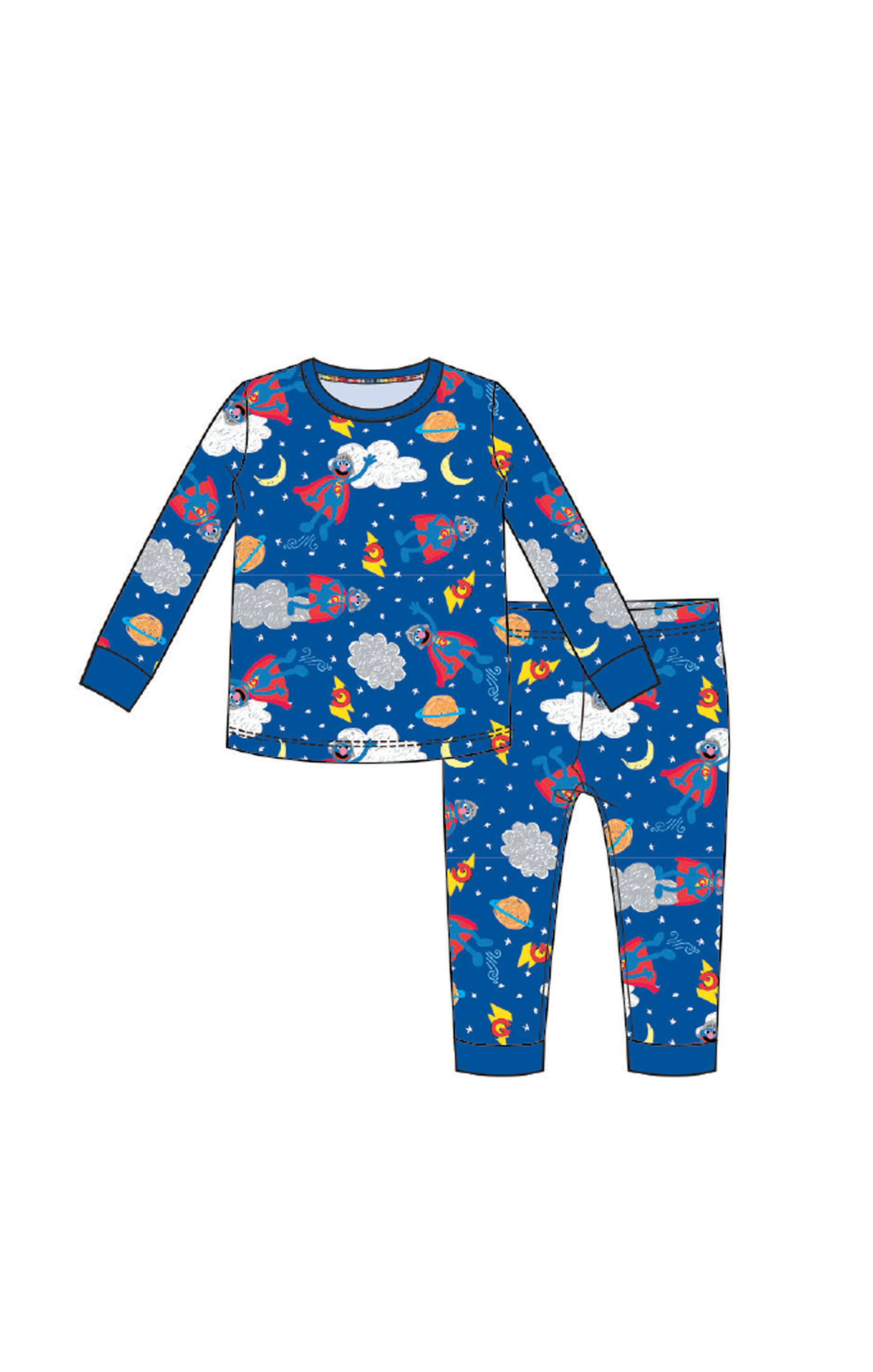 A two-piece children's pajama set featuring a long-sleeve top and matching pants in a blue elmo space-themed print with clouds, planets, rockets, stars, and moons.
