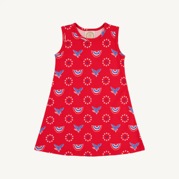 red sleeveless dress with patriotic design