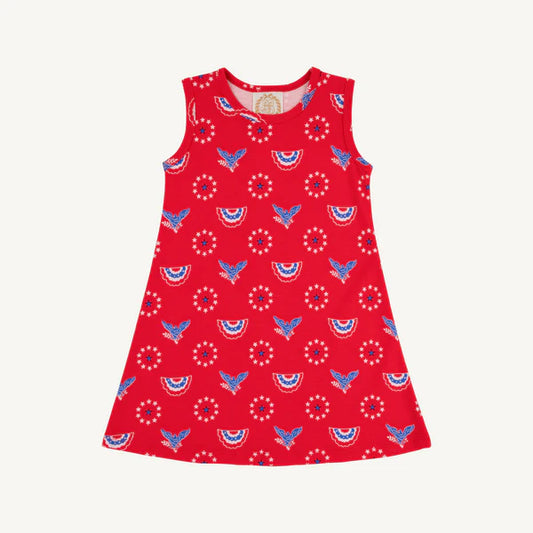 red sleeveless dress with patriotic design