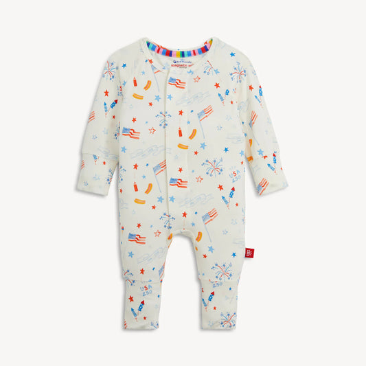 One piece coverall with patriotic pattern.