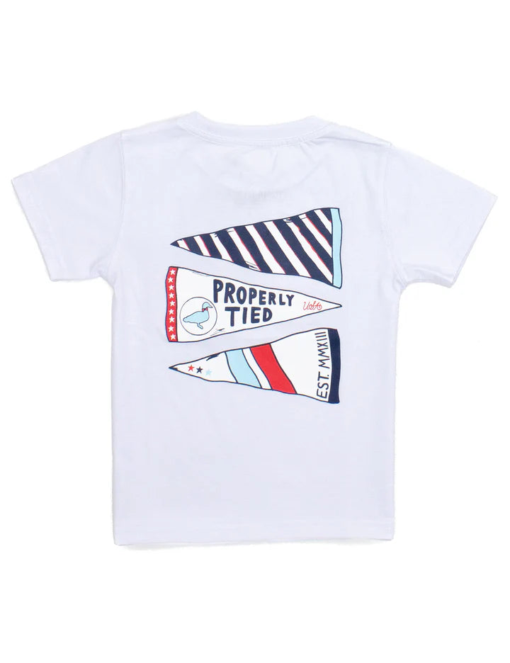 white tshirt with three red white and blue pendant flags with properly tied logo
