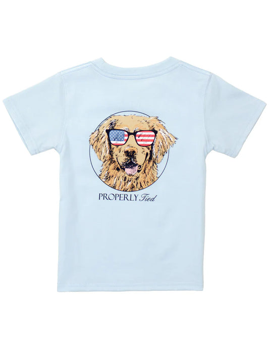 light blue tshirt with dog with american flag glasses 