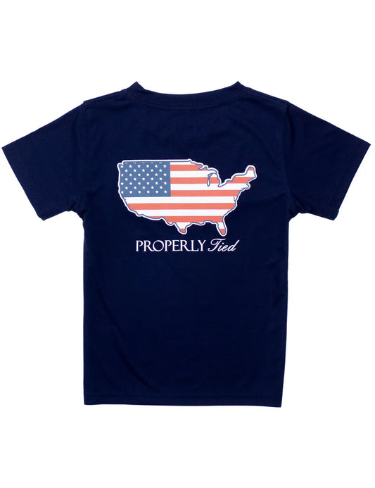 Navy blue t-shirt with American flag design and 'Properly Fried' text on a white background