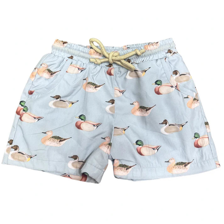 Light green swim trunks with vintage duck pattern.