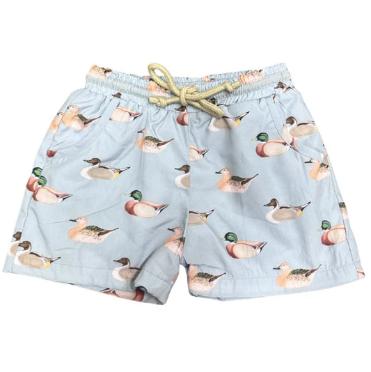 Light green swim trunks with vintage duck pattern.