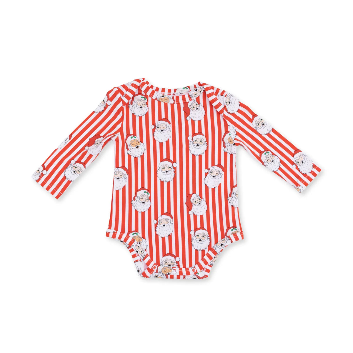 A long-sleeve baby bodysuit featuring red and white vertical stripes with a repeating pattern of cartoon Santa Claus faces, displayed flat against a solid white background.