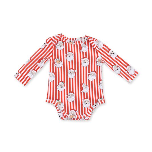 A long-sleeve baby bodysuit featuring red and white vertical stripes with a repeating pattern of cartoon Santa Claus faces, displayed flat against a solid white background.