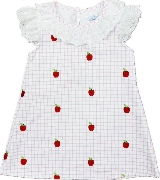 Pink and white checked dress with lace trim around the collar and sleeves and an embroidered apple pattern.