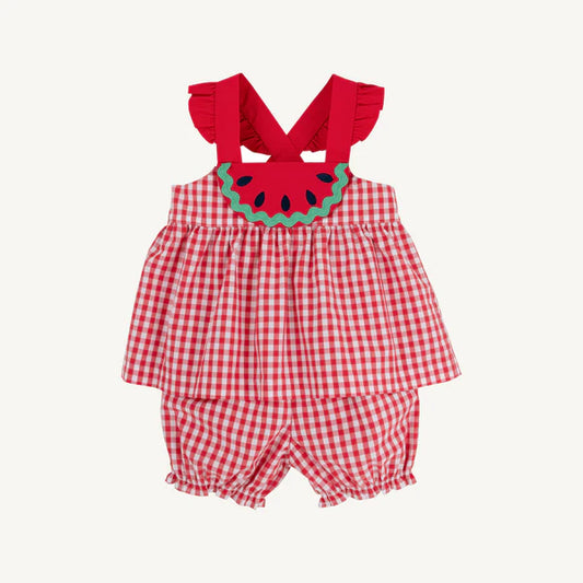 Red check bloomer set with watermelon design on front with red straps 