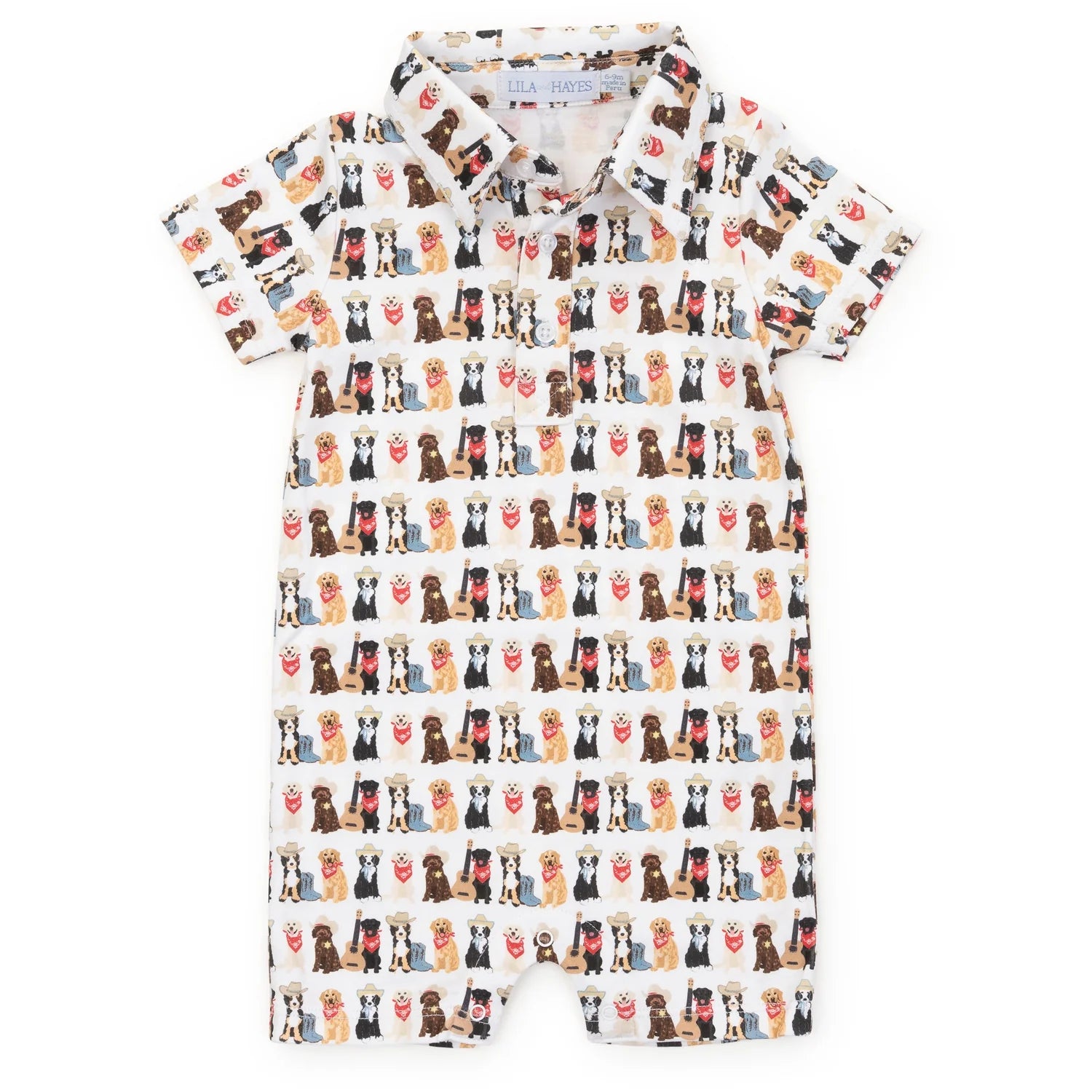 A baby short-sleeve romper with a white base and an all-over repeating print of various dog breeds and red hearts, laid flat on a white background.