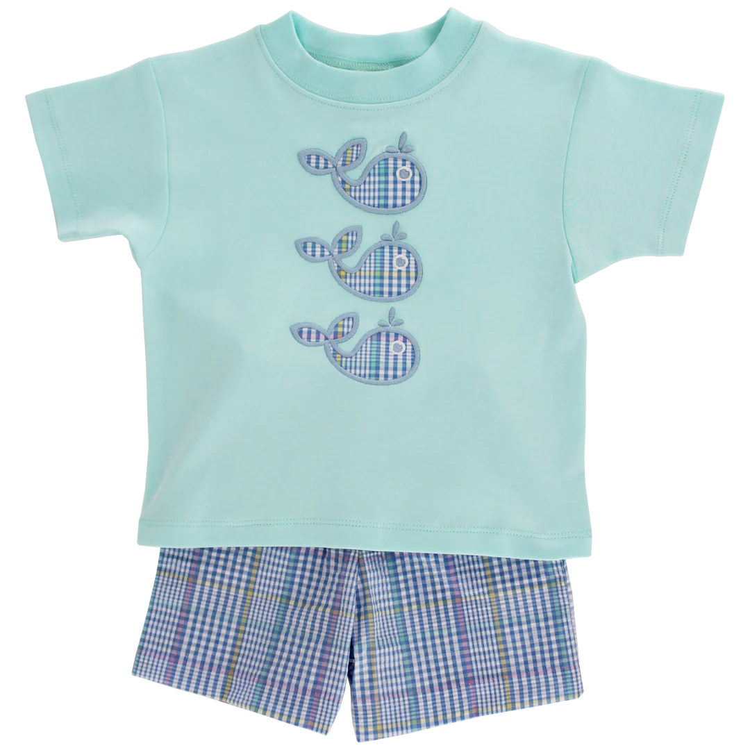 Children's outfit with a teal t-shirt with whales and plaid shorts 