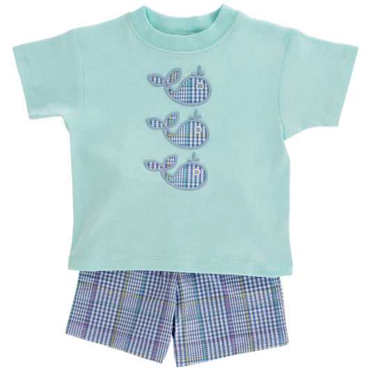 Children's outfit with a teal t-shirt with whales and plaid shorts 