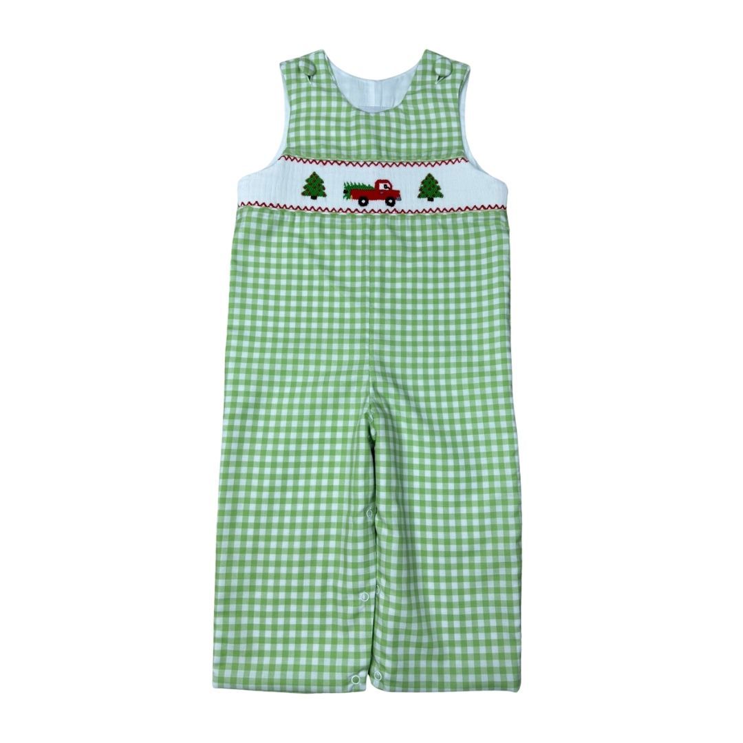 Smocked Green Check Christmas Truck Jon Jon