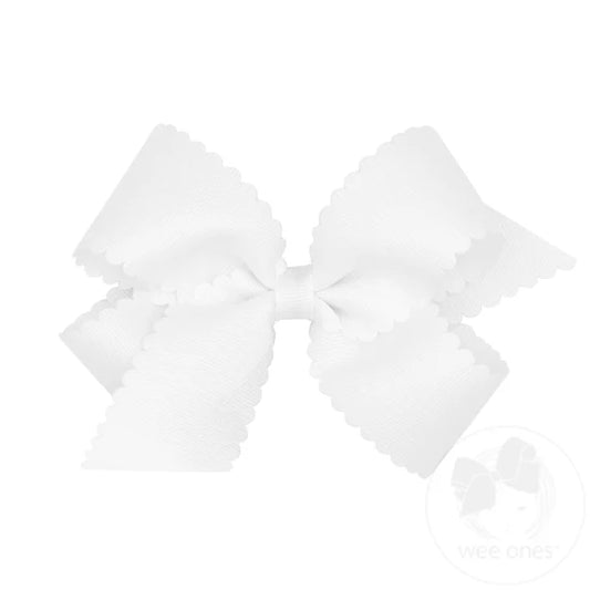 Grosgrain Hair Bow with Scalloped Edge - White