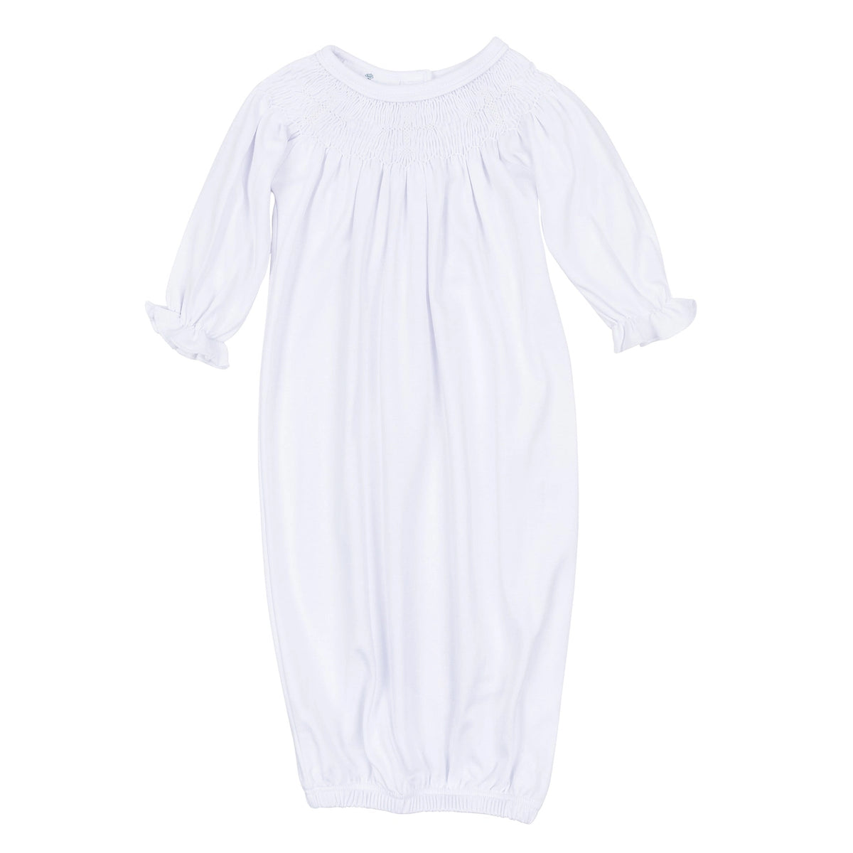 A white long-sleeve baby smocked gown with white cross details around the collar 