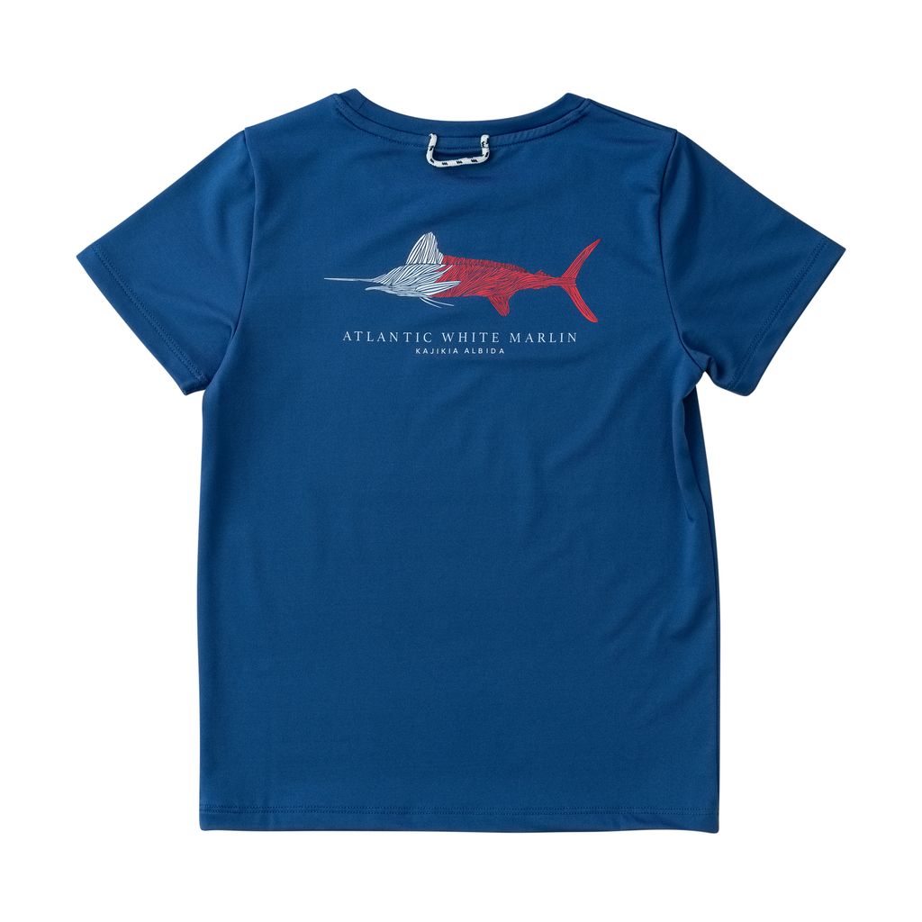 Navy short sleeve t-shirt with Atlantic White Marlin design on the back.