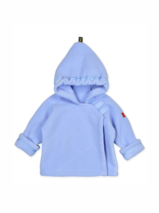 A light blue baby hooded wrap jacket with a ruffled trim around the hood, shown against a plain white background.