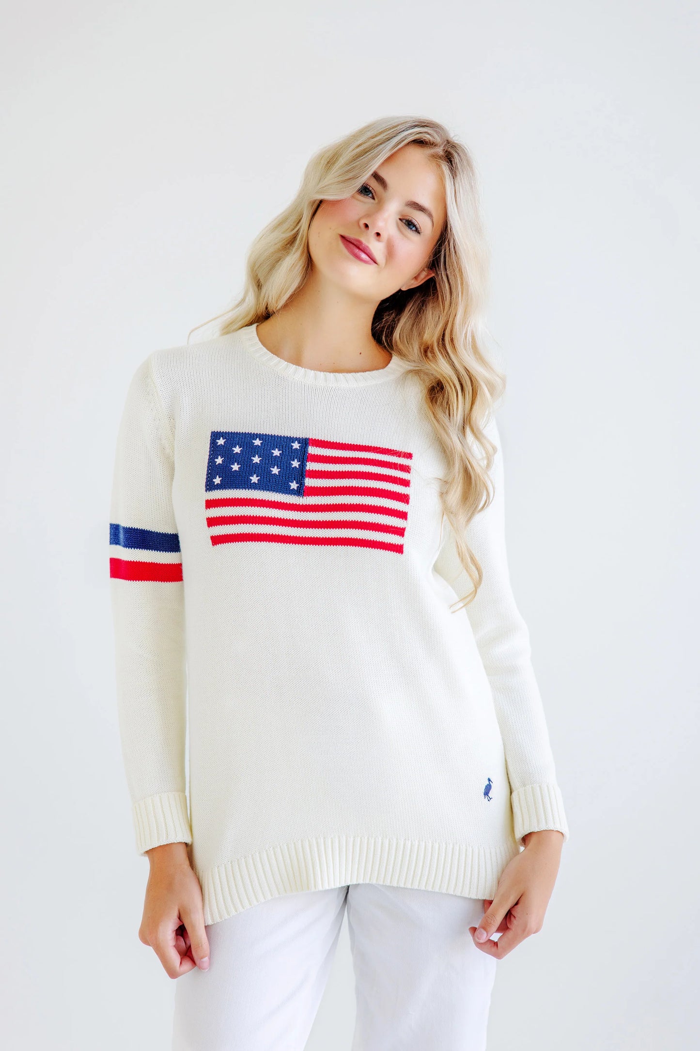 Cissy Intarsia Sweater (Women's) Palmetto Pearl with American Flag Intarsia