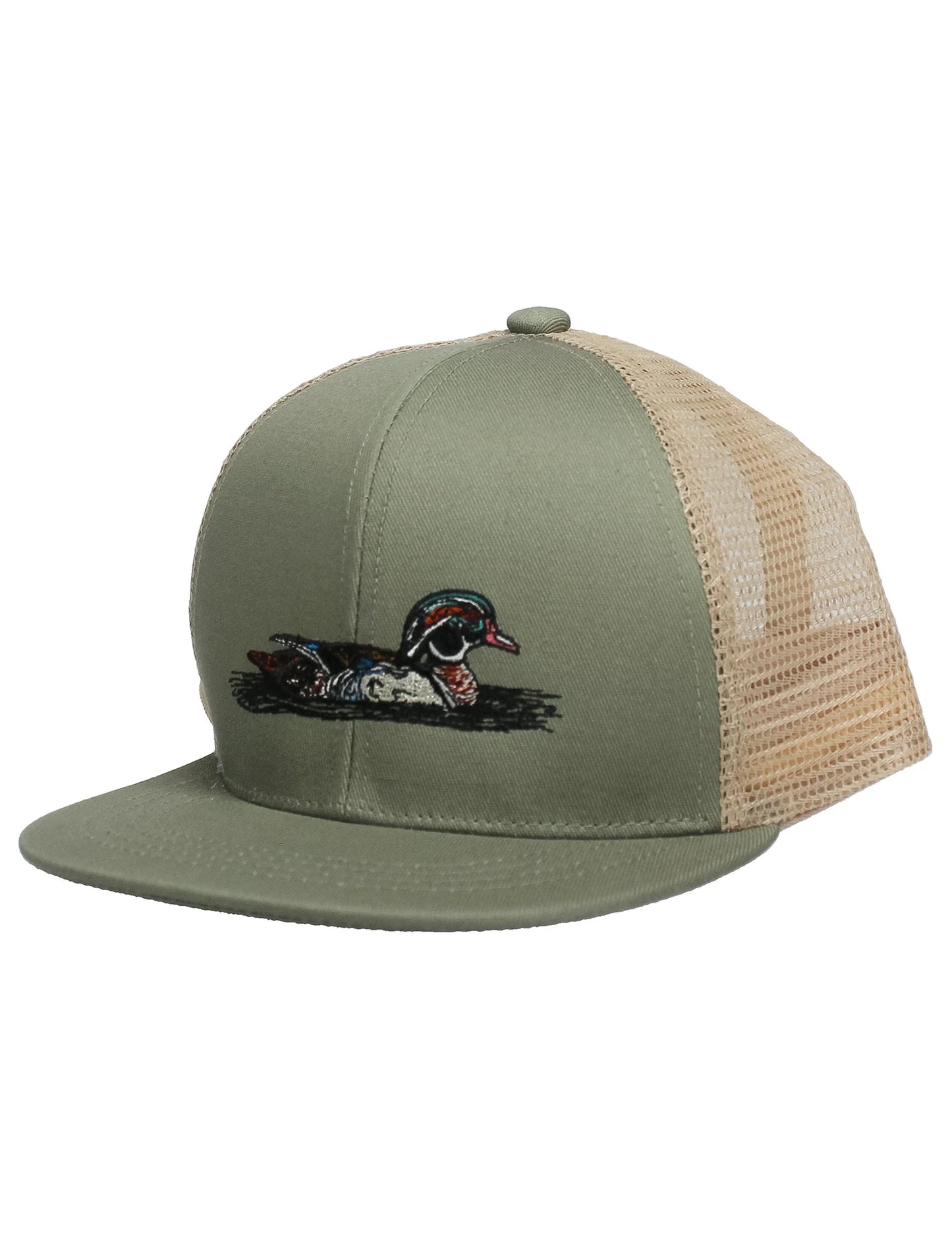 Khaki green baseball cap with tan mesh back and embroidered wood duck on front.