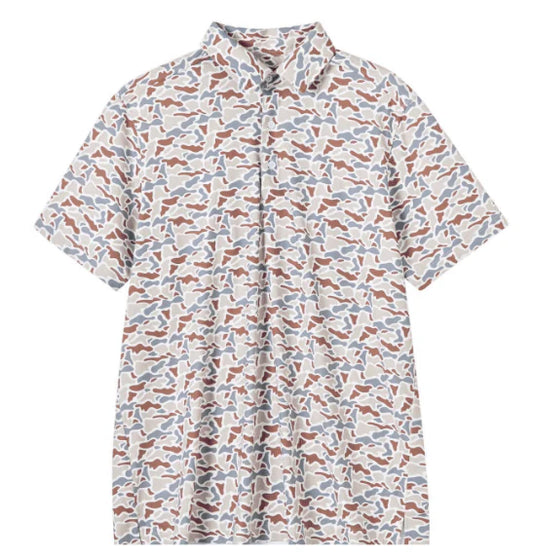 Brown and grey camo print polo.