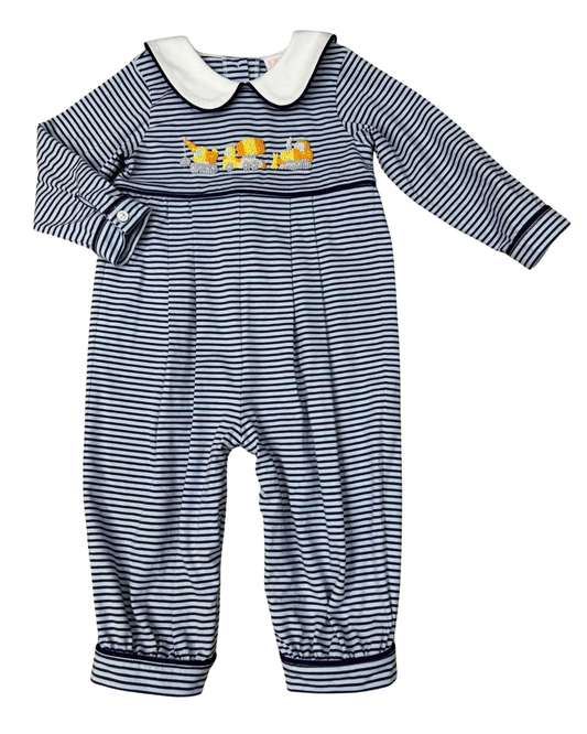 A baby's long-sleeve striped romper with a white Peter Pan collar, featuring a navy and white horizontal stripe pattern, a tie at the chest, and a yellow and white animal print across the chest.